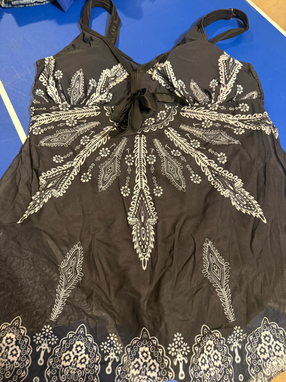Black Tankini Swim Top with White Paisley Print
